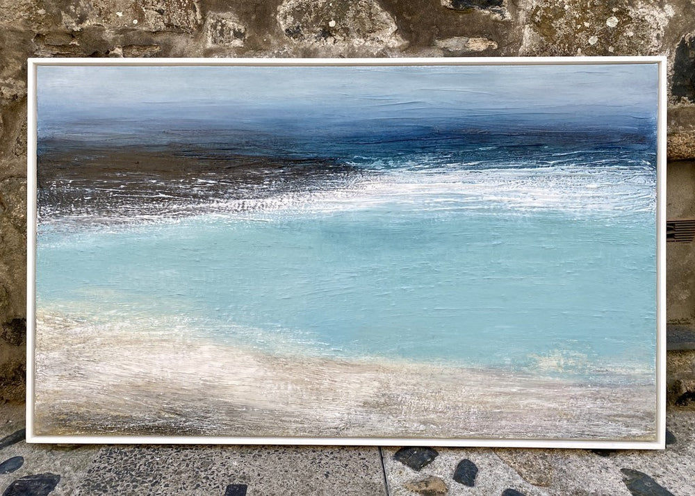‘Across the Bay 5’ by Heather McAlpine, original abstract seascape in acrylic on canvas depicting St Ives Bay with luminous turquoise water, deep blue horizon, white breaking surf and warm sandy shoreline.