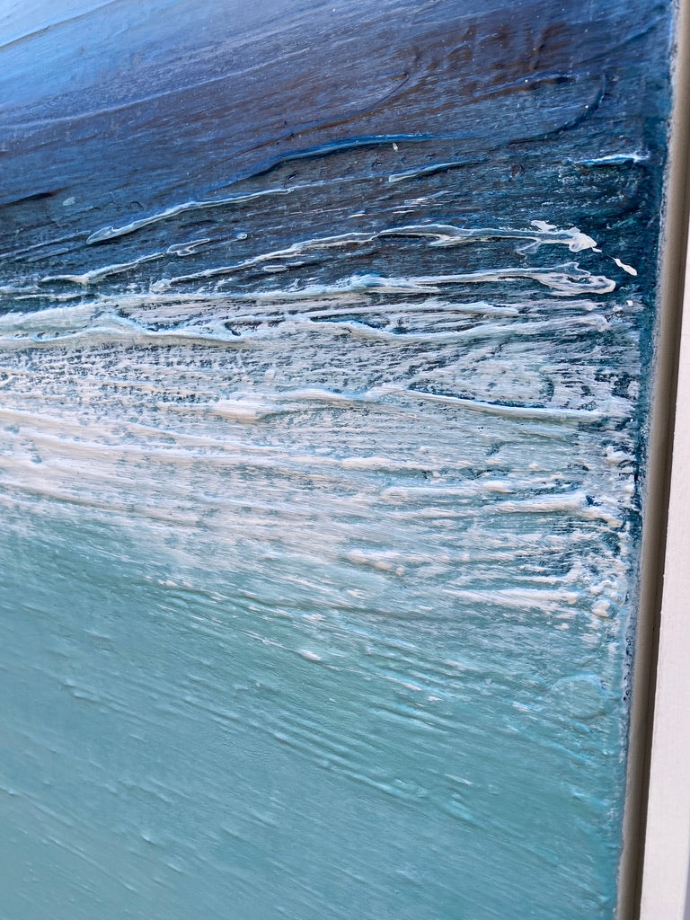 ‘Across the Bay 5’ by Heather McAlpine, original abstract seascape in acrylic on canvas depicting St Ives Bay with luminous turquoise water, deep blue horizon, white breaking surf and warm sandy shoreline.