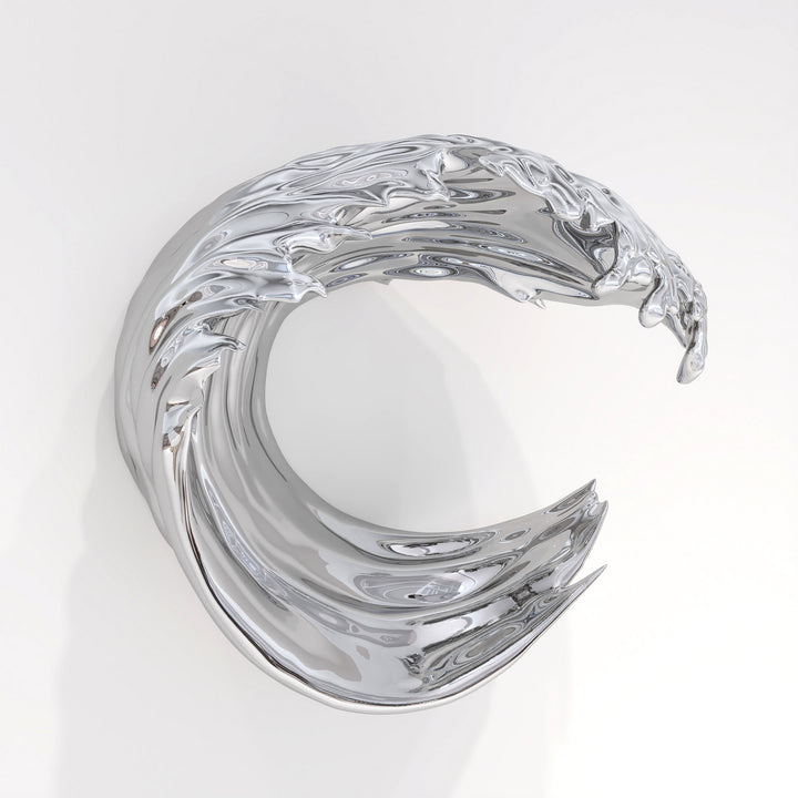 Striking wall-mounted sculpture by Yoni Alter, crafted from mirror-polished stainless steel and shaped into a stylised cresting wave. The reflective surface and sweeping fluid lines capture movement, energy, and elegance, blending natural inspiration with futuristic minimalism. Suitable for both interior and exterior display.