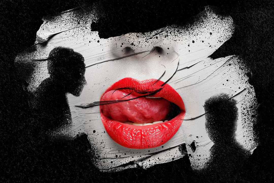 Bold digital artwork featuring glossy red lips mid-gesture against a monochrome face, partially obscured by dynamic white brushstrokes and black splatter. The contrast between the hyper-realistic lips and textured abstract elements creates a provocative, high-impact visual.