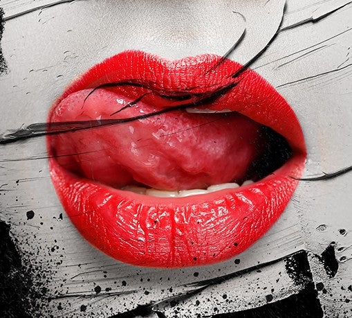 Bold digital artwork featuring glossy red lips mid-gesture against a monochrome face, partially obscured by dynamic white brushstrokes and black splatter. The contrast between the hyper-realistic lips and textured abstract elements creates a provocative, high-impact visual.