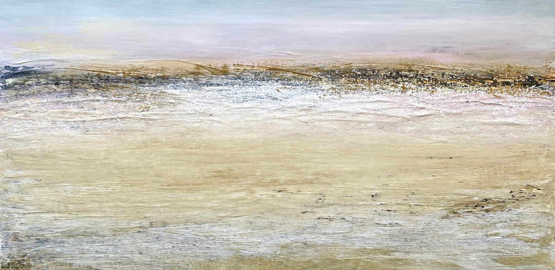 ‘Clodgy Point, Sand & Sea’ by Heather McAlpine, an original contemporary seascape painting in acrylic on canvas inspired by Clodgy Point, St Ives, Cornwall. Soft layers of warm sand tones, pale pink, muted blue, cream and grey evoke the meeting of land, sea and sky in a tranquil and atmospheric coastal landscape.
