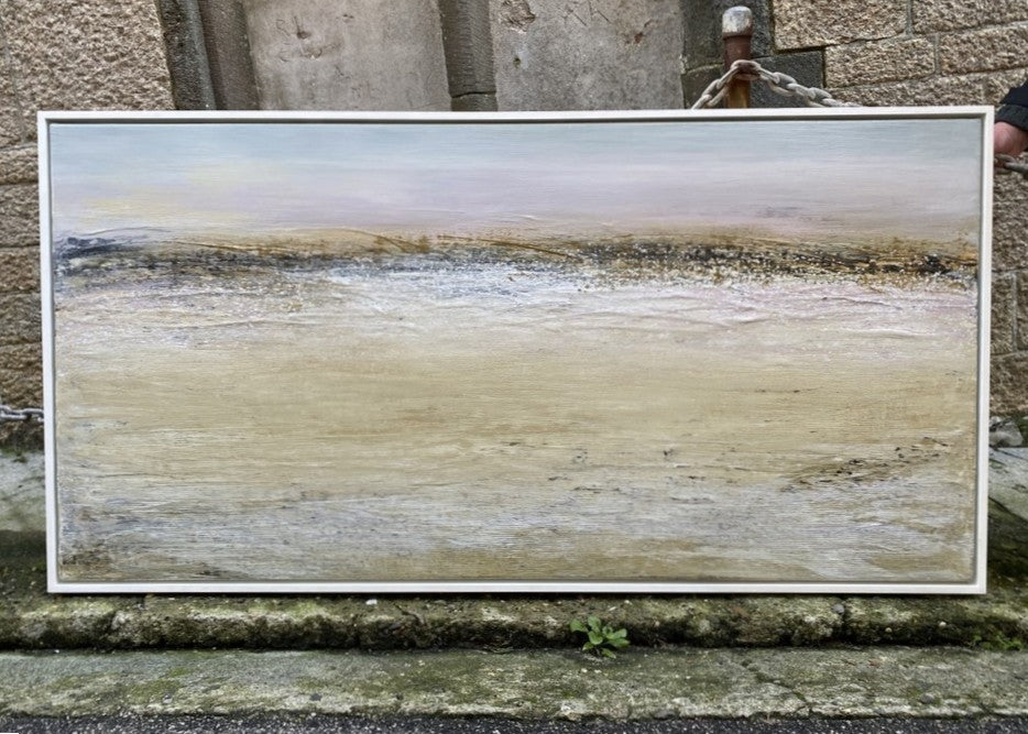 ‘Clodgy Point, Sand & Sea’ by Heather McAlpine, an original contemporary seascape painting in acrylic on canvas inspired by Clodgy Point, St Ives, Cornwall. Soft layers of warm sand tones, pale pink, muted blue, cream and grey evoke the meeting of land, sea and sky in a tranquil and atmospheric coastal landscape.