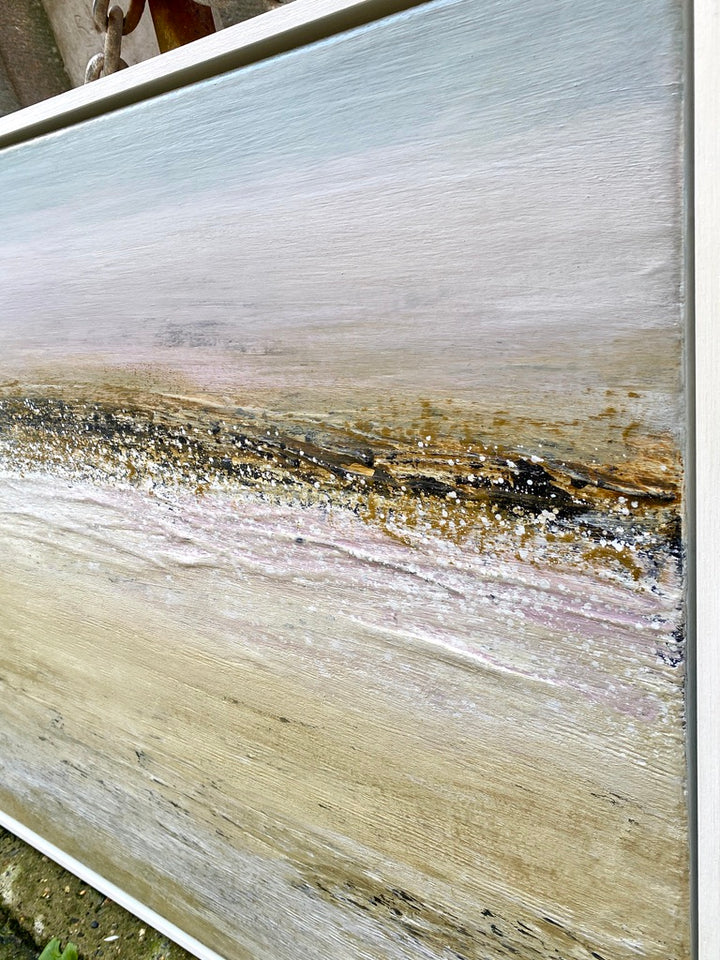 ‘Clodgy Point, Sand & Sea’ by Heather McAlpine, an original contemporary seascape painting in acrylic on canvas inspired by Clodgy Point, St Ives, Cornwall. Soft layers of warm sand tones, pale pink, muted blue, cream and grey evoke the meeting of land, sea and sky in a tranquil and atmospheric coastal landscape.