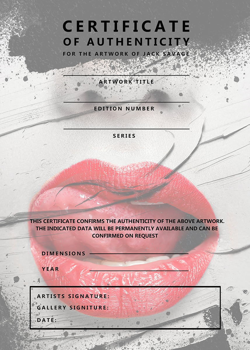 Certificate of Authenticity.Bold digital artwork featuring glossy red lips mid-gesture against a monochrome face, partially obscured by dynamic white brushstrokes and black splatter. The contrast between the hyper-realistic lips and textured abstract elements creates a provocative, high-impact visual.