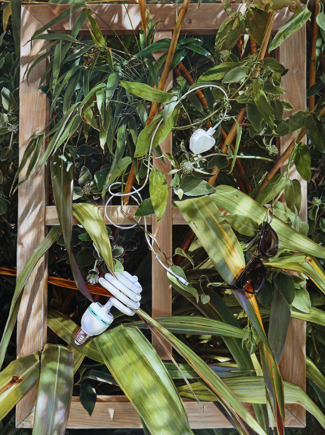 Arina Gordienko hyperrealist oil painting After You, depicting a wooden frame entwined with dense green foliage, where everyday objects—a spiral light bulb, iPhone charger cable, and dark sunglasses—hang among the leaves. Painted during lockdown, the work reflects themes of absence, memory, and what remains after us.