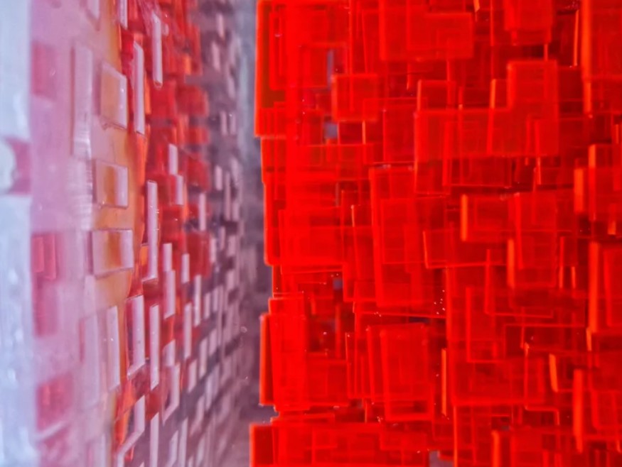 A one-off sculptural cube by Richard Slee, constructed from neon red acrylic and clear resin. The work features a dense, layered grid pattern that plays with light, depth, and shadow—creating a luminous, architectural object with a strong geometric presence. The cube glows from within, drawing the viewer into its intricate interior.