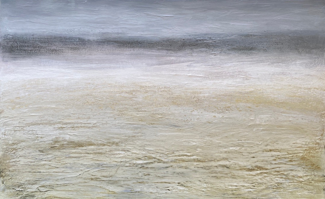 ‘Haar’ by Heather McAlpine, an original contemporary seascape painting in acrylic on canvas inspired by the atmospheric coastal sea mist of Scotland and Cornwall. Soft layers of muted grey, white, cream and pale earth tones dissolve the horizon, creating a tranquil and expansive meeting of sea, sky and shoreline.