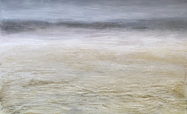 ‘Haar’ by Heather McAlpine, an original contemporary seascape painting in acrylic on canvas inspired by the atmospheric coastal sea mist of Scotland and Cornwall. Soft layers of muted grey, white, cream and pale earth tones dissolve the horizon, creating a tranquil and expansive meeting of sea, sky and shoreline.