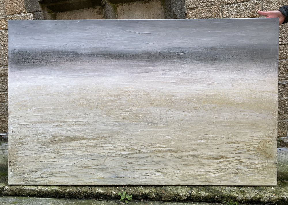 ‘Haar’ by Heather McAlpine, an original contemporary seascape painting in acrylic on canvas inspired by the atmospheric coastal sea mist of Scotland and Cornwall. Soft layers of muted grey, white, cream and pale earth tones dissolve the horizon, creating a tranquil and expansive meeting of sea, sky and shoreline.