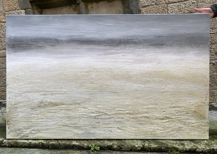‘Haar’ by Heather McAlpine, an original contemporary seascape painting in acrylic on canvas inspired by the atmospheric coastal sea mist of Scotland and Cornwall. Soft layers of muted grey, white, cream and pale earth tones dissolve the horizon, creating a tranquil and expansive meeting of sea, sky and shoreline.