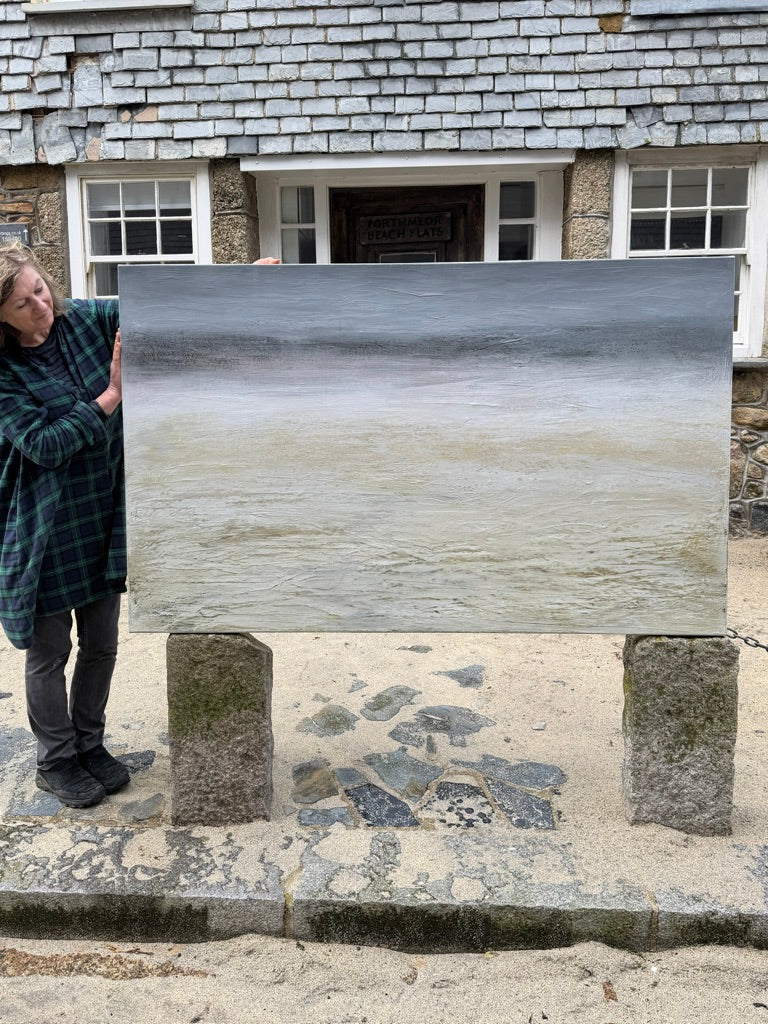 ‘Haar’ by Heather McAlpine, an original contemporary seascape painting in acrylic on canvas inspired by the atmospheric coastal sea mist of Scotland and Cornwall. Soft layers of muted grey, white, cream and pale earth tones dissolve the horizon, creating a tranquil and expansive meeting of sea, sky and shoreline.