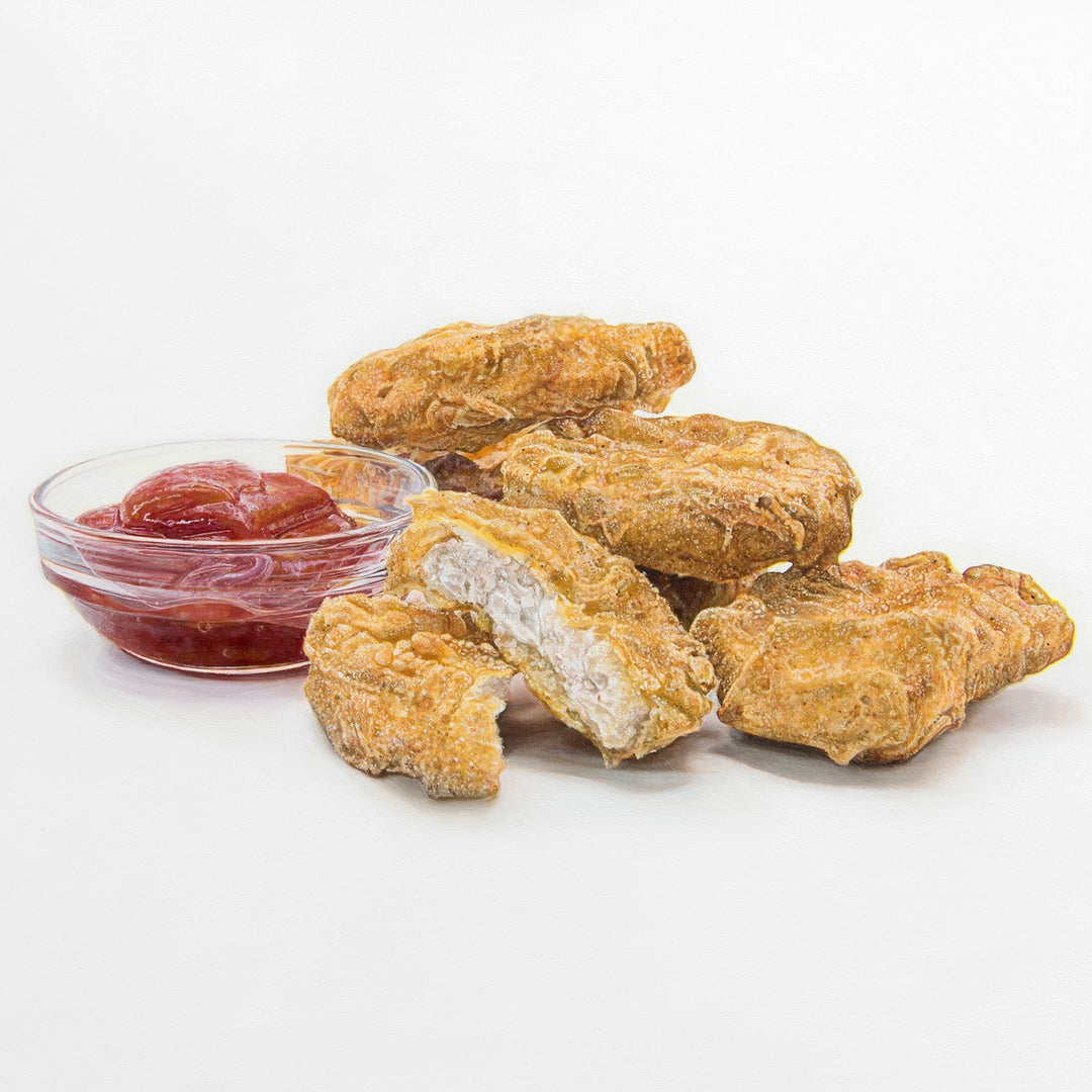 Simon Taylor, 6 Piece Chicken McNuggets® With Tomato Ketchup, oil on canvas, 35 x 35cm – photorealist painting of six golden chicken nuggets with a glass dish of red tomato ketchup on a clean white ground.