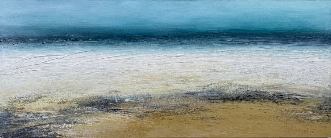 ‘Waters-Edge’ by Heather McAlpine, an original contemporary seascape painting in acrylic on canvas inspired by the Cornish coastline. Rich turquoise and deep blue waters meet pale bands of surf, sand and textured shoreline, creating an expansive and immersive coastal landscape filled with movement, light and tranquillity.