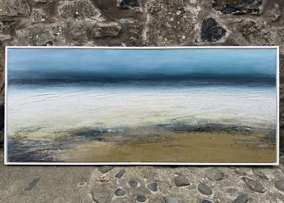 ‘Waters-Edge’ by Heather McAlpine, an original contemporary seascape painting in acrylic on canvas inspired by the Cornish coastline. Rich turquoise and deep blue waters meet pale bands of surf, sand and textured shoreline, creating an expansive and immersive coastal landscape filled with movement, light and tranquillity.