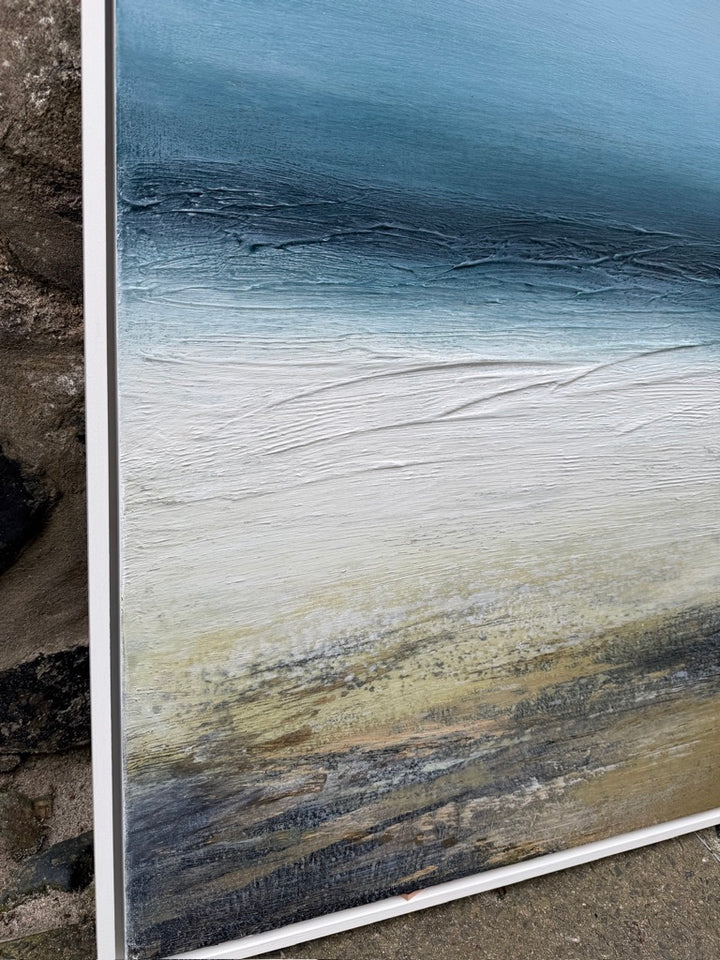 ‘Waters-Edge’ by Heather McAlpine, an original contemporary seascape painting in acrylic on canvas inspired by the Cornish coastline. Rich turquoise and deep blue waters meet pale bands of surf, sand and textured shoreline, creating an expansive and immersive coastal landscape filled with movement, light and tranquillity.
