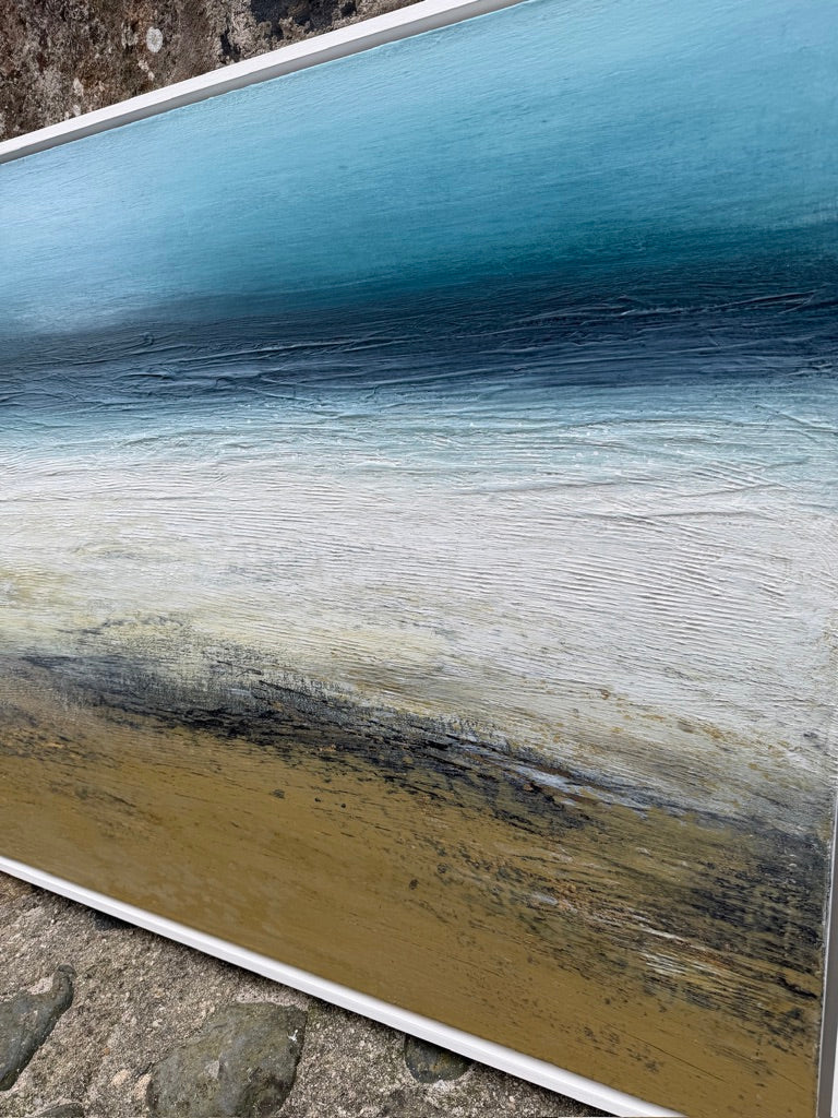‘Waters-Edge’ by Heather McAlpine, an original contemporary seascape painting in acrylic on canvas inspired by the Cornish coastline. Rich turquoise and deep blue waters meet pale bands of surf, sand and textured shoreline, creating an expansive and immersive coastal landscape filled with movement, light and tranquillity.