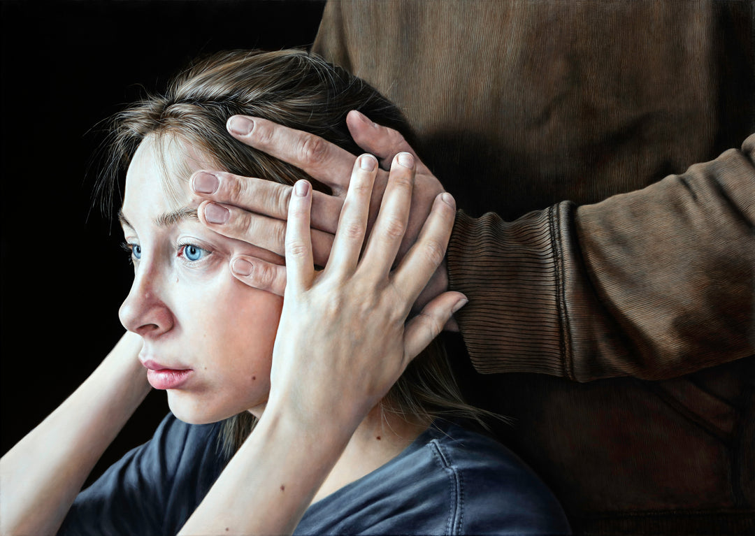 Arina Gordienko hyperrealist oil painting When Fate Was Tracing Us Behind, depicting a young woman with piercing blue eyes in profile, her face framed by her own hand and a man’s larger hand pressing against her head. She wears a muted grey-blue shirt, set against a stark black background. The composition conveys themes of inevitability, mortality, fate, and human vulnerability, inspired by Arseny Tarkovsky’s poetry.
