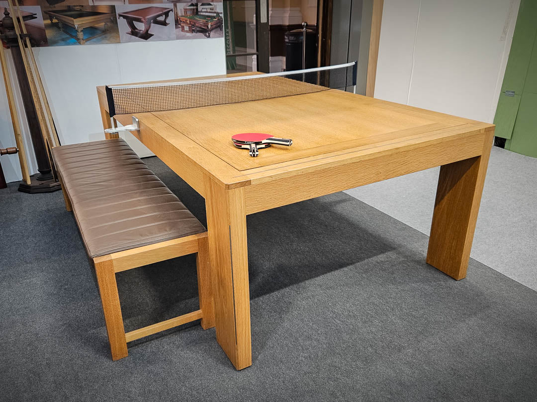 Sir William Bentley Billiards Speed Rollover 6ft dual-purpose pool table in solid oak with concealed playing surface and integrated dining design.