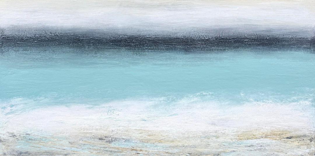 ‘Sand & Sea Reflections’ by Heather McAlpine, an original large-scale contemporary seascape painting in acrylic on canvas inspired by St Ives, Cornwall, with luminous turquoise water, a deep blue-grey horizon, pale sky, white breaking surf and softly textured sand reflecting the changing coastal light.