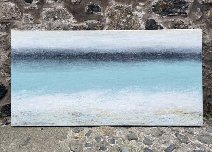 ‘Sand & Sea Reflections’ by Heather McAlpine, an original large-scale contemporary seascape painting in acrylic on canvas inspired by St Ives, Cornwall, with luminous turquoise water, a deep blue-grey horizon, pale sky, white breaking surf and softly textured sand reflecting the changing coastal light.
