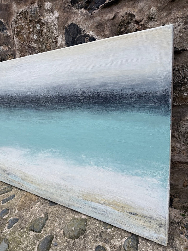 ‘Sand & Sea Reflections’ by Heather McAlpine, an original large-scale contemporary seascape painting in acrylic on canvas inspired by St Ives, Cornwall, with luminous turquoise water, a deep blue-grey horizon, pale sky, white breaking surf and softly textured sand reflecting the changing coastal light.