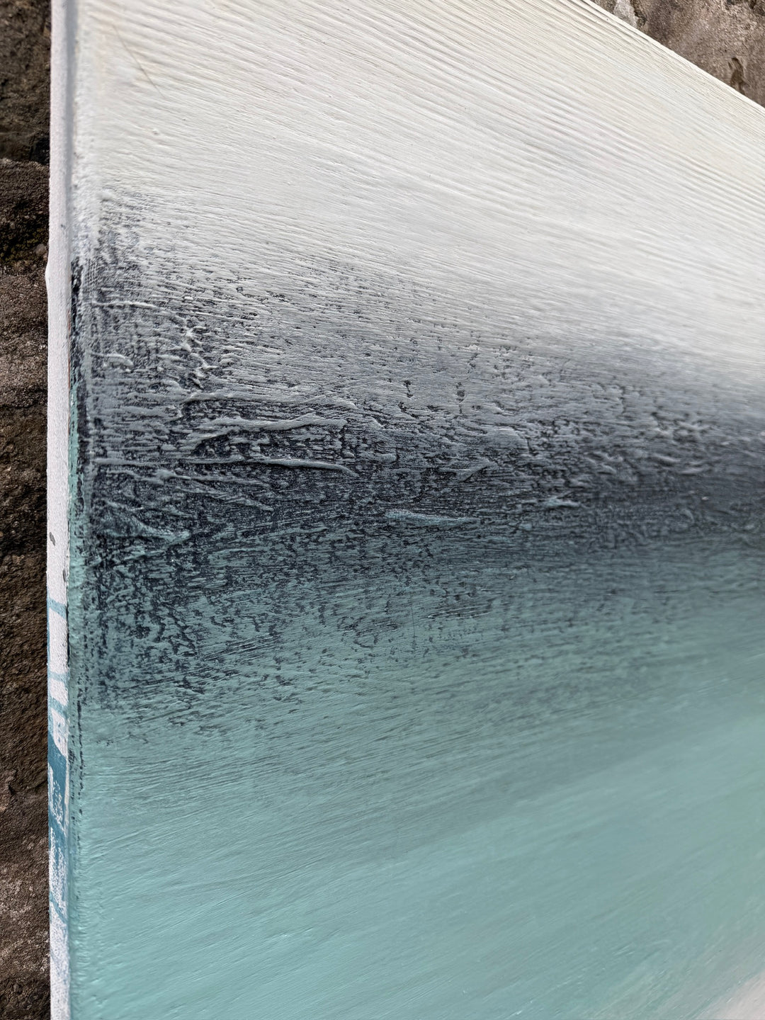 ‘Sand & Sea Reflections’ by Heather McAlpine, an original large-scale contemporary seascape painting in acrylic on canvas inspired by St Ives, Cornwall, with luminous turquoise water, a deep blue-grey horizon, pale sky, white breaking surf and softly textured sand reflecting the changing coastal light.