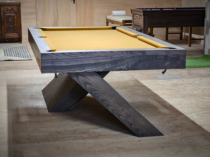 Sir William Bentley Billiards Cantilever 7ft pool table in grey ash with sculptural angled base and tan cloth, showcasing a bold architectural design.