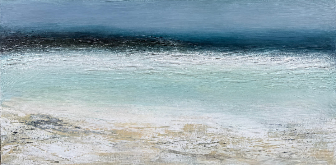 ‘Across The Bay, St Ives 2’ by Heather McAlpine, an original contemporary seascape painting in acrylic on canvas inspired by the Cornish coastline, featuring a deep blue horizon, luminous turquoise water, white breaking surf and softly textured sandy shoreline that captures the tranquillity and changing light of St Ives Bay.