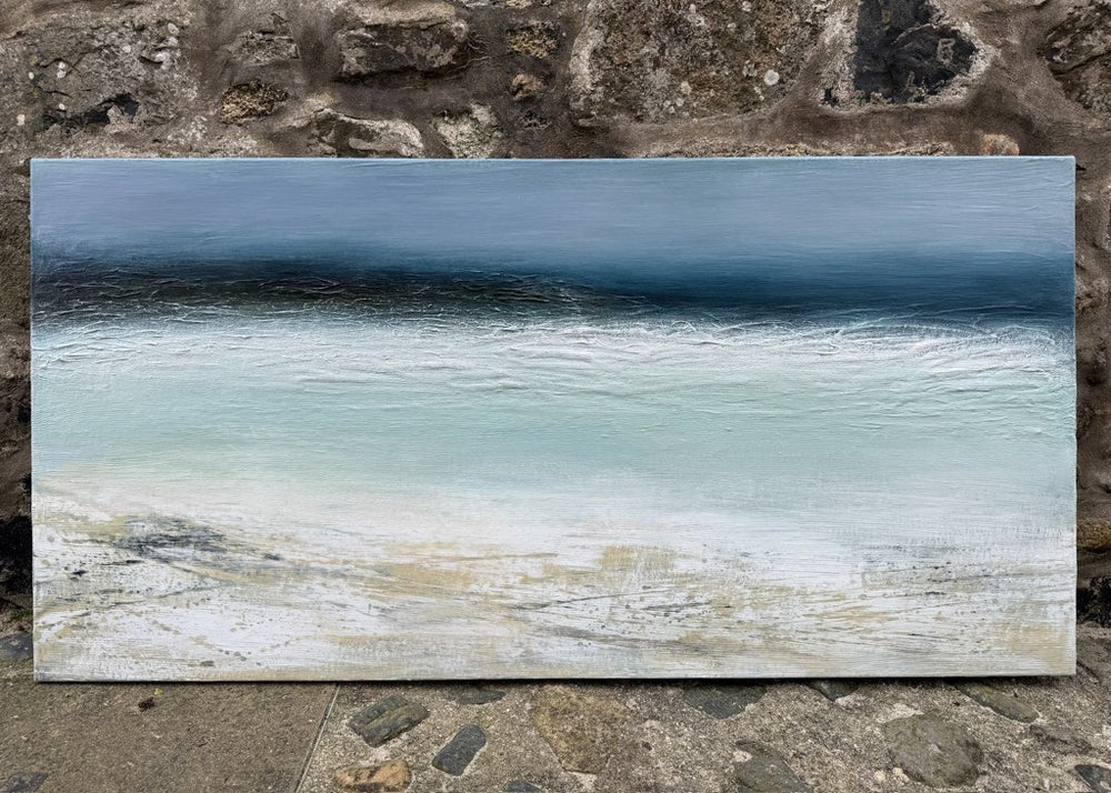 ‘Across The Bay, St Ives 2’ by Heather McAlpine, an original contemporary seascape painting in acrylic on canvas inspired by the Cornish coastline, featuring a deep blue horizon, luminous turquoise water, white breaking surf and softly textured sandy shoreline that captures the tranquillity and changing light of St Ives Bay.