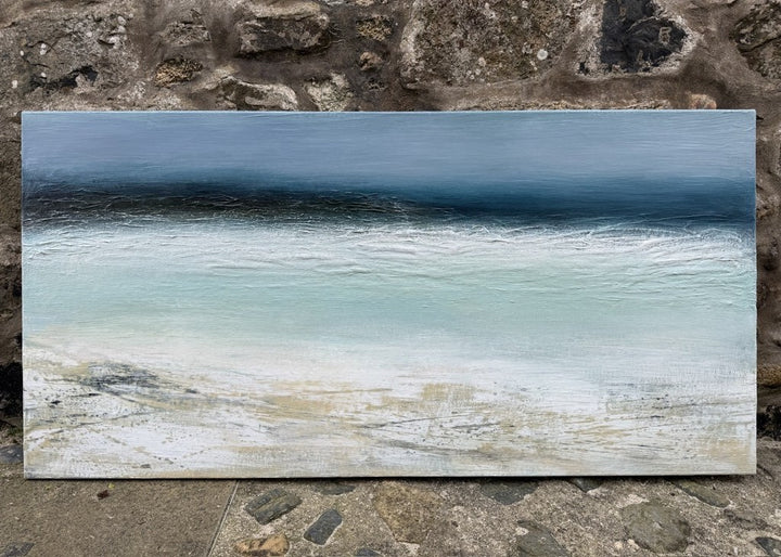 ‘Across The Bay, St Ives 2’ by Heather McAlpine, an original contemporary seascape painting in acrylic on canvas inspired by the Cornish coastline, featuring a deep blue horizon, luminous turquoise water, white breaking surf and softly textured sandy shoreline that captures the tranquillity and changing light of St Ives Bay.