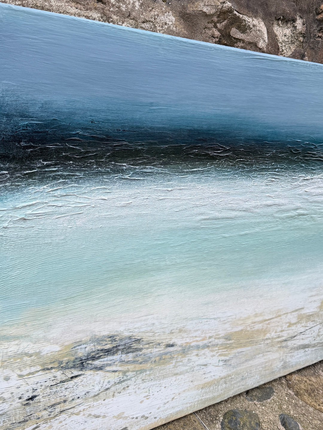‘Across The Bay, St Ives 2’ by Heather McAlpine, an original contemporary seascape painting in acrylic on canvas inspired by the Cornish coastline, featuring a deep blue horizon, luminous turquoise water, white breaking surf and softly textured sandy shoreline that captures the tranquillity and changing light of St Ives Bay.