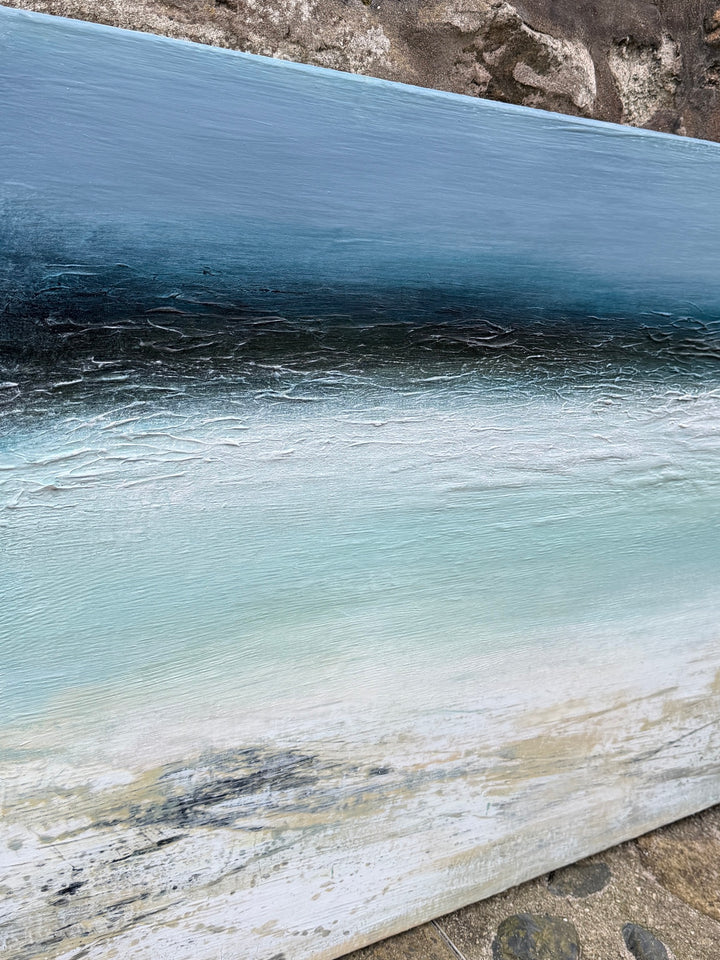 ‘Across The Bay, St Ives 2’ by Heather McAlpine, an original contemporary seascape painting in acrylic on canvas inspired by the Cornish coastline, featuring a deep blue horizon, luminous turquoise water, white breaking surf and softly textured sandy shoreline that captures the tranquillity and changing light of St Ives Bay.