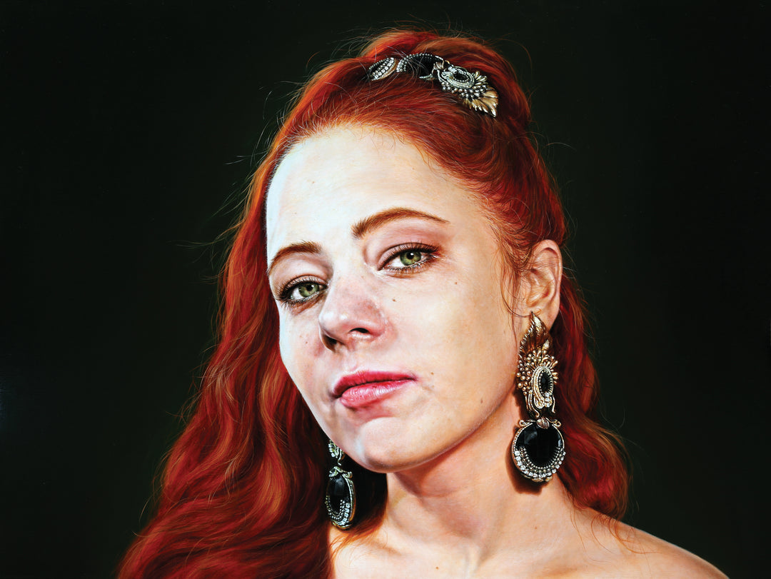 Arina Gordienko hyperrealist oil painting Full Moon, a dramatic portrait of a woman with flowing red hair, piercing green eyes, and ornate silver and black jewellery, inspired by Ortrud from Wagner’s opera Lohengrin. Set against a dark background, the figure radiates strength, mystery, and theatrical presence, blending classical opera with contemporary realism.
