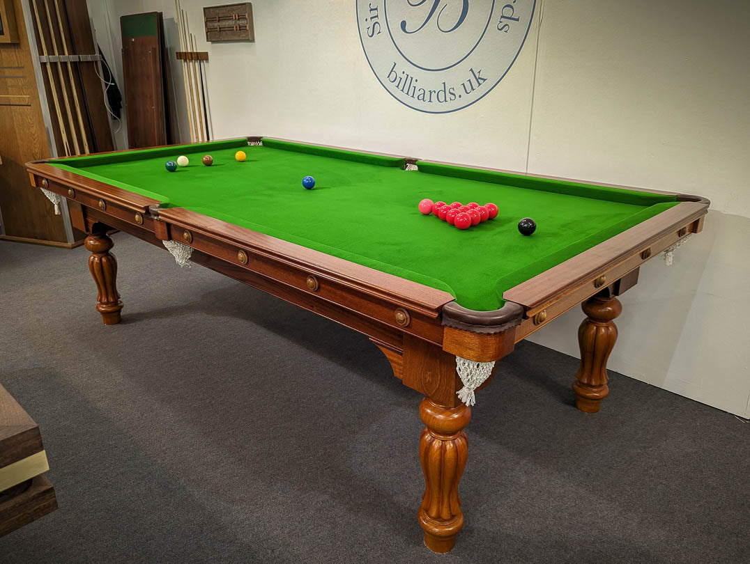 Sir William Bentley Billiards 8ft mahogany tulip wind-up pool table with traditional turned legs and green cloth, restored vintage dual-purpose design.