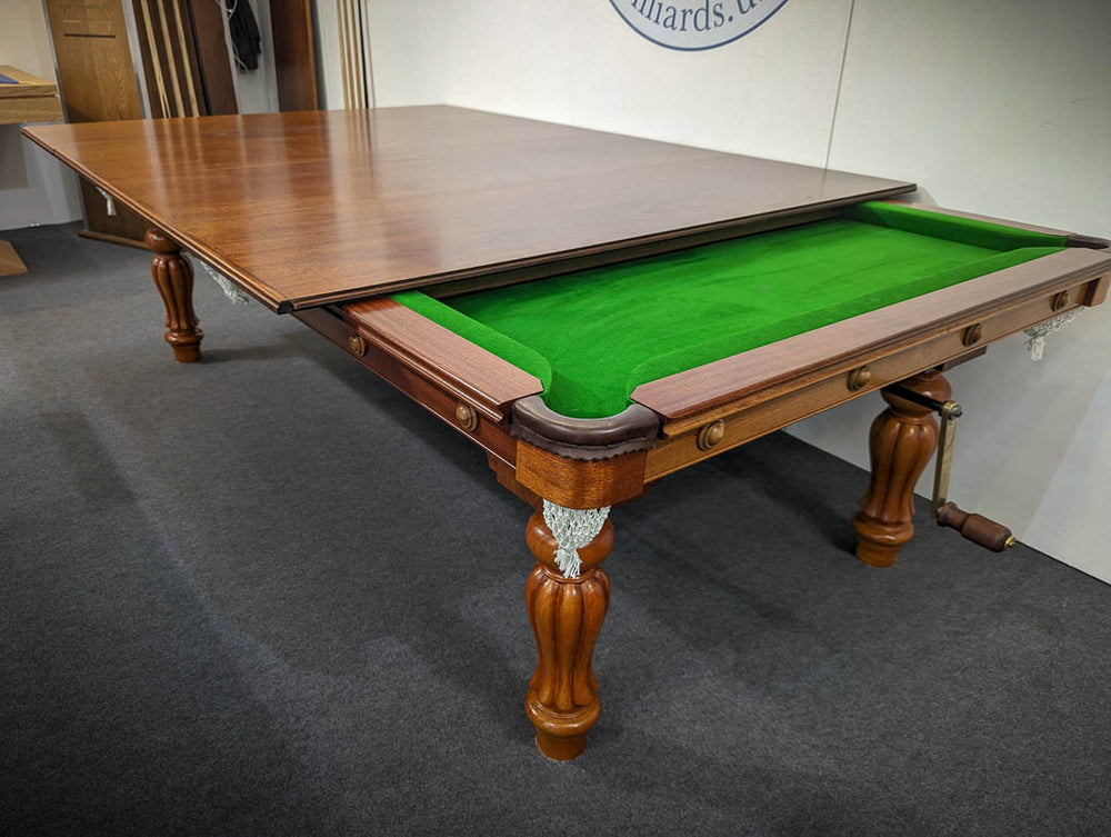 Sir William Bentley Billiards 8ft mahogany tulip wind-up pool table with traditional turned legs and green cloth, restored vintage dual-purpose design.