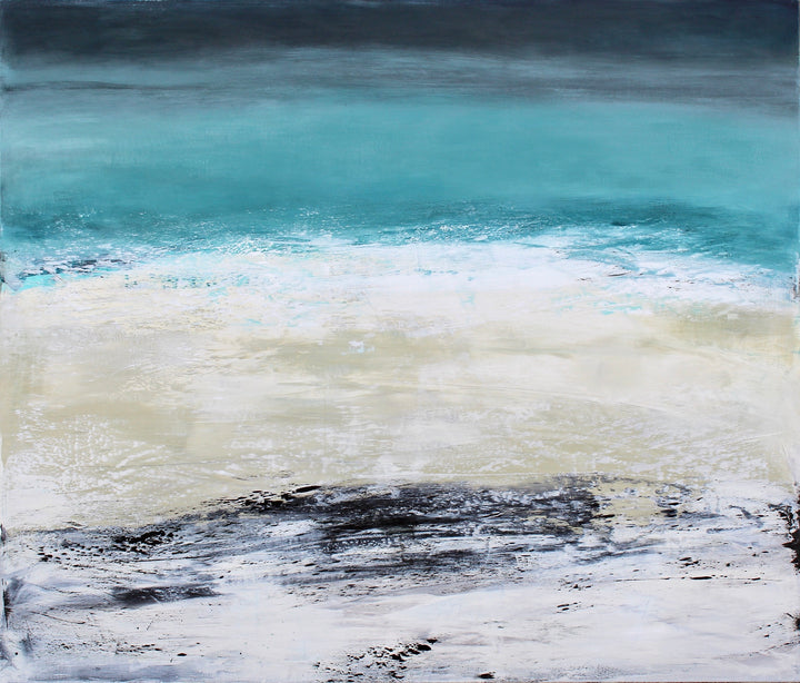 ‘By The Sea, Porthmeor 1’ by Heather McAlpine, an original contemporary seascape painting in acrylic on canvas inspired by Porthmeor Beach, Cornwall. Deep charcoal and blue tones give way to luminous turquoise waters, white breaking surf and a richly textured shoreline, capturing the changing light, movement and atmosphere of the Cornish coast.