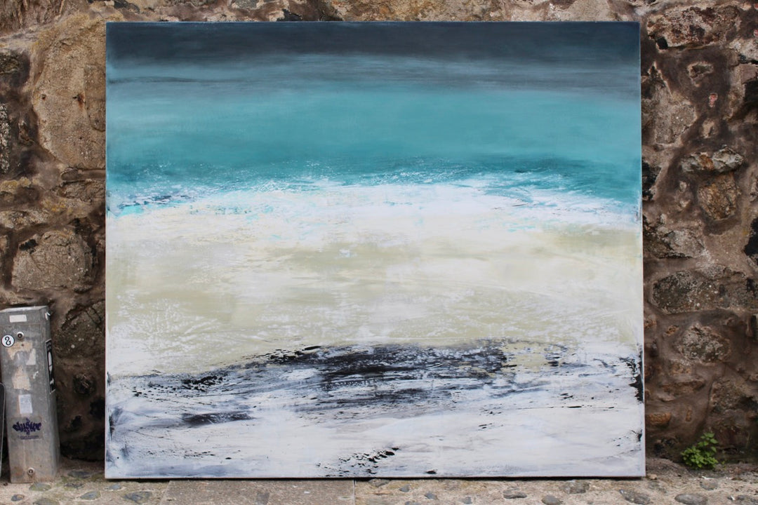 ‘By The Sea, Porthmeor 1’ by Heather McAlpine, an original contemporary seascape painting in acrylic on canvas inspired by Porthmeor Beach, Cornwall. Deep charcoal and blue tones give way to luminous turquoise waters, white breaking surf and a richly textured shoreline, capturing the changing light, movement and atmosphere of the Cornish coast.