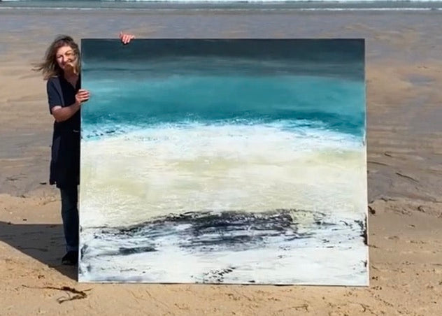 ‘By The Sea, Porthmeor 1’ by Heather McAlpine, an original contemporary seascape painting in acrylic on canvas inspired by Porthmeor Beach, Cornwall. Deep charcoal and blue tones give way to luminous turquoise waters, white breaking surf and a richly textured shoreline, capturing the changing light, movement and atmosphere of the Cornish coast.