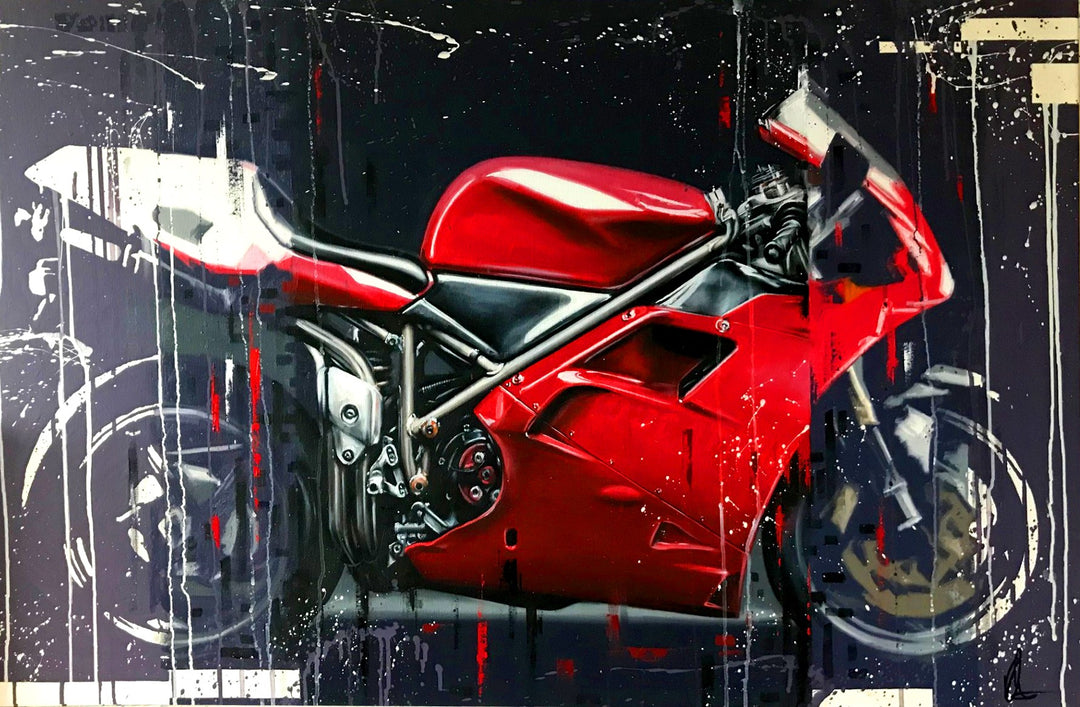 ‘916’ by Kris Hardy, an original contemporary automotive painting in oil and acrylic on aluminium depicting the iconic red Ducati 916 superbike from a side view. The Italian sports motorcycle features vibrant red fairings, a sculpted fuel tank, black trellis frame, detailed engine components and distinctive racing bodywork. Set against a dark abstract background of black, charcoal, grey and white, the artwork combines realistic motorcycle detailing with expressive paint drips, splashes and layered geometric