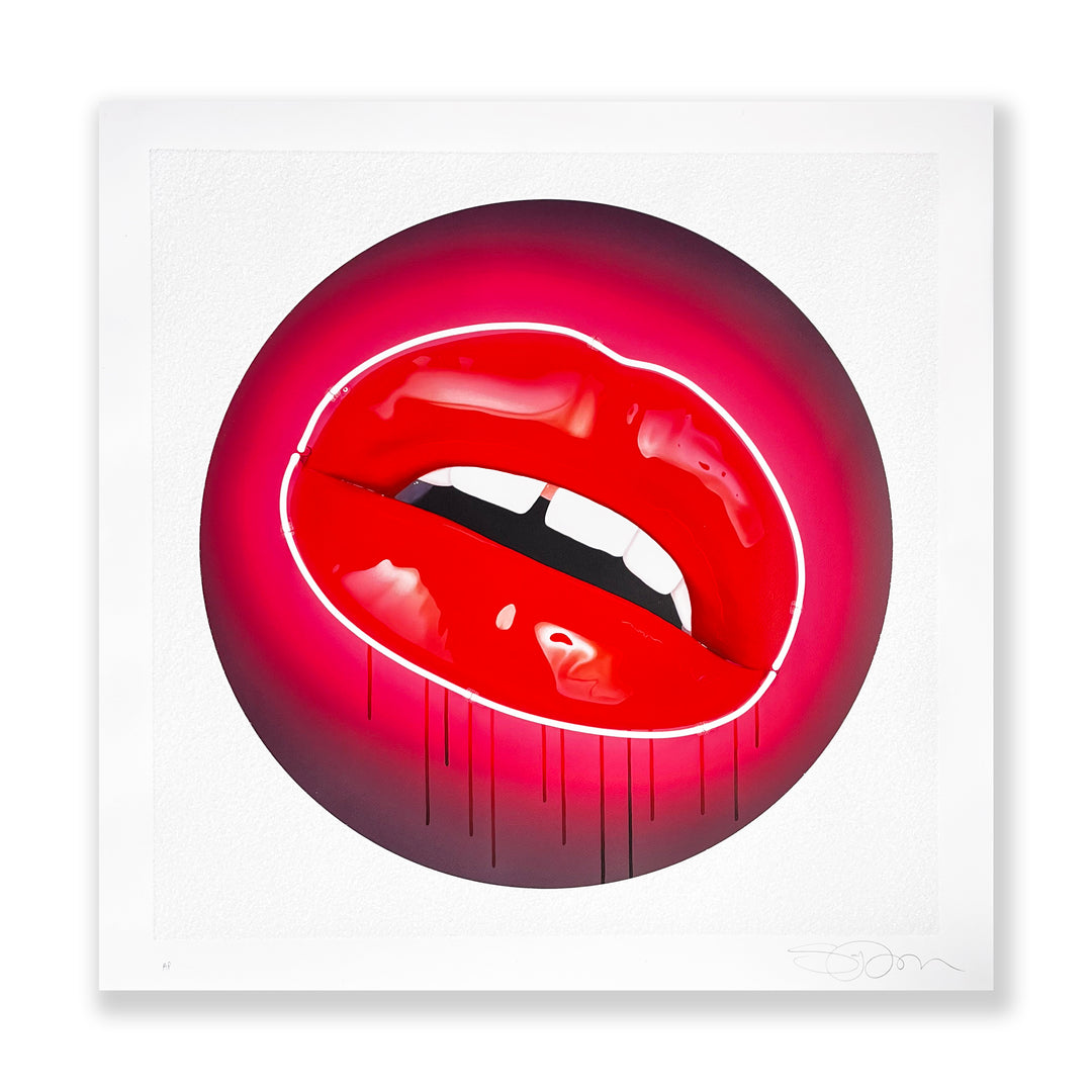 Glossy red lips outlined in neon pink with dripping paint on a circular black and pink background.
