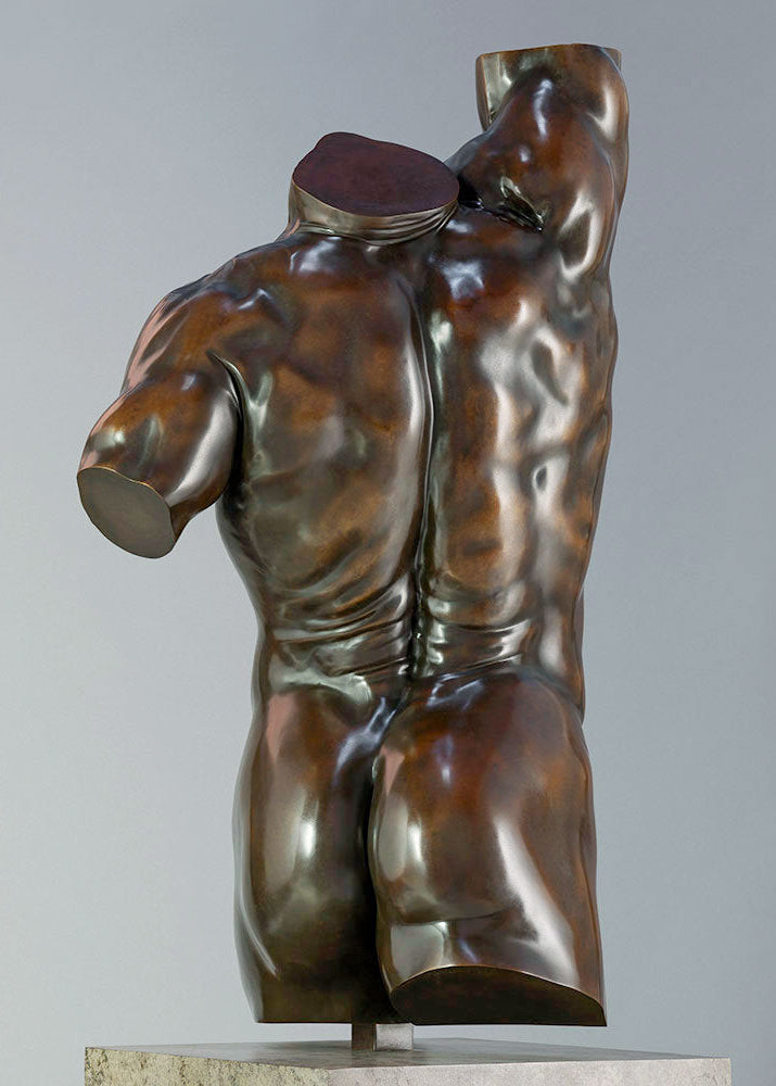 A powerful bronze torso sculpture by Nick Bibby, depicting Apollo with precise classical anatomy, a rich dark-bronze patina, and an upward twisting form displayed on a bronze plinth.