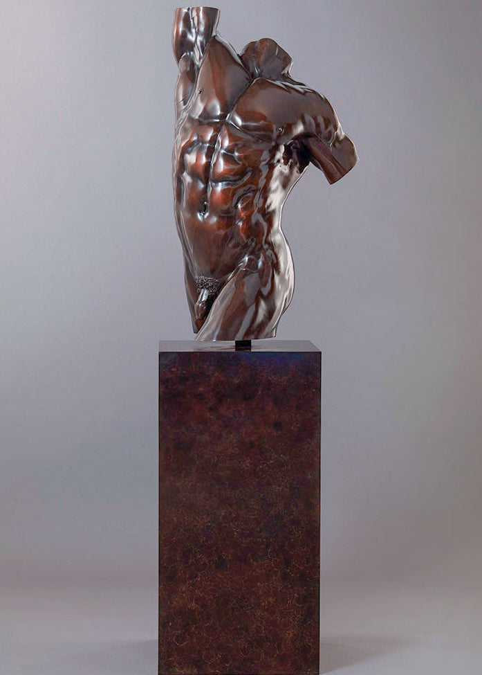 A powerful bronze torso sculpture by Nick Bibby, depicting Apollo with precise classical anatomy, a rich dark-bronze patina, and an upward twisting form displayed on a bronze plinth.