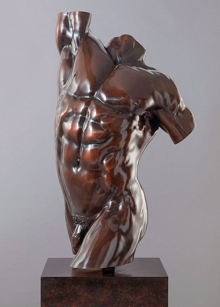 A powerful bronze torso sculpture by Nick Bibby, depicting Apollo with precise classical anatomy, a rich dark-bronze patina, and an upward twisting form displayed on a bronze plinth.
