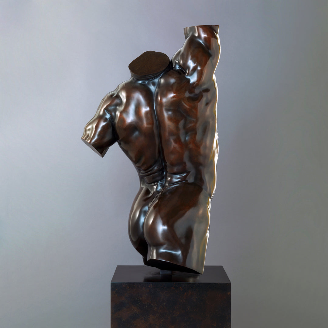 A powerful bronze torso sculpture by Nick Bibby, depicting Apollo with precise classical anatomy, a rich dark-bronze patina, and an upward twisting form displayed on a bronze plinth.