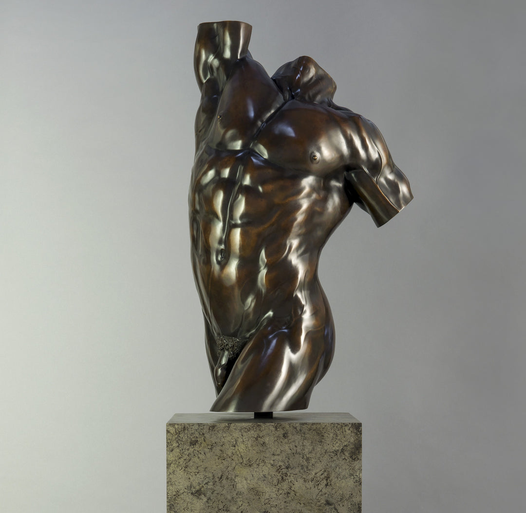 A powerful bronze torso sculpture by Nick Bibby, depicting Apollo with precise classical anatomy, a rich dark-bronze patina, and an upward twisting form displayed on a bronze plinth.