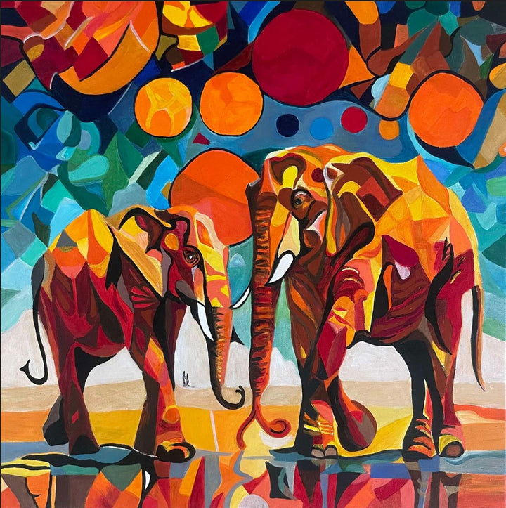 Two abstract elephants in bold, vivid colours with geometric backgrounds and circular sun motifs.

