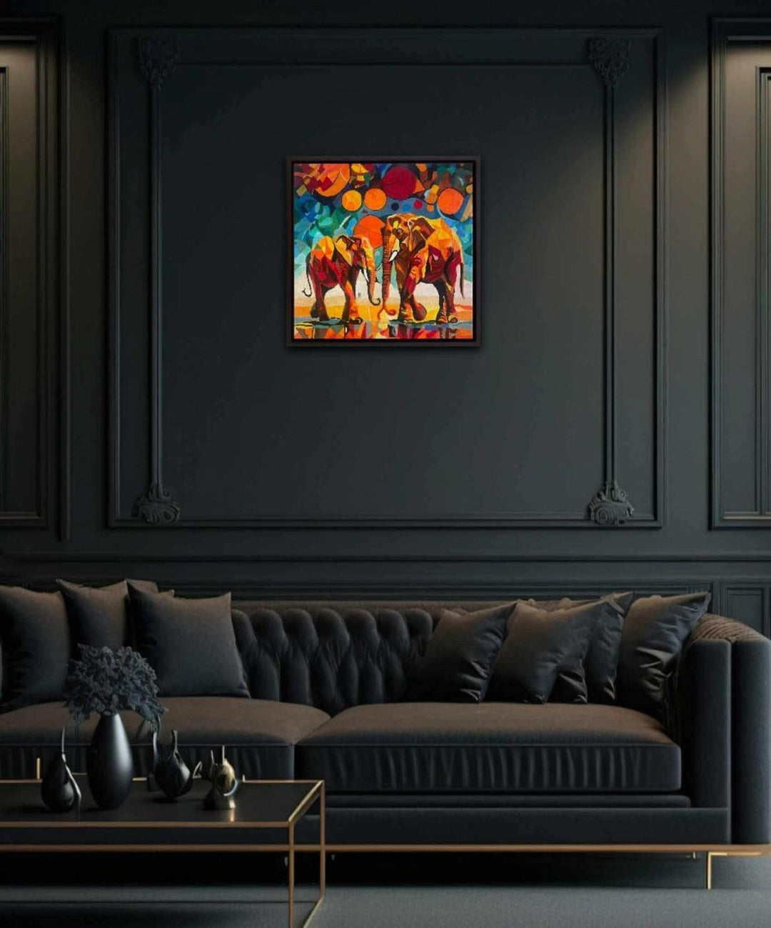 Two abstract elephants in bold, vivid colours with geometric backgrounds and circular sun motifs.

