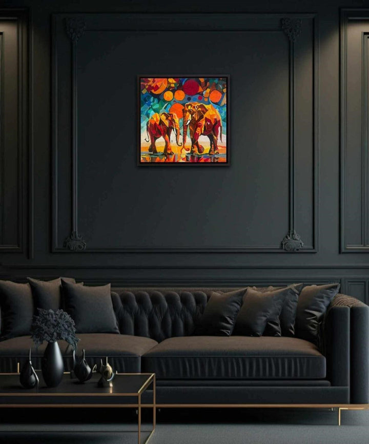 Two abstract elephants in bold, vivid colours with geometric backgrounds and circular sun motifs.

