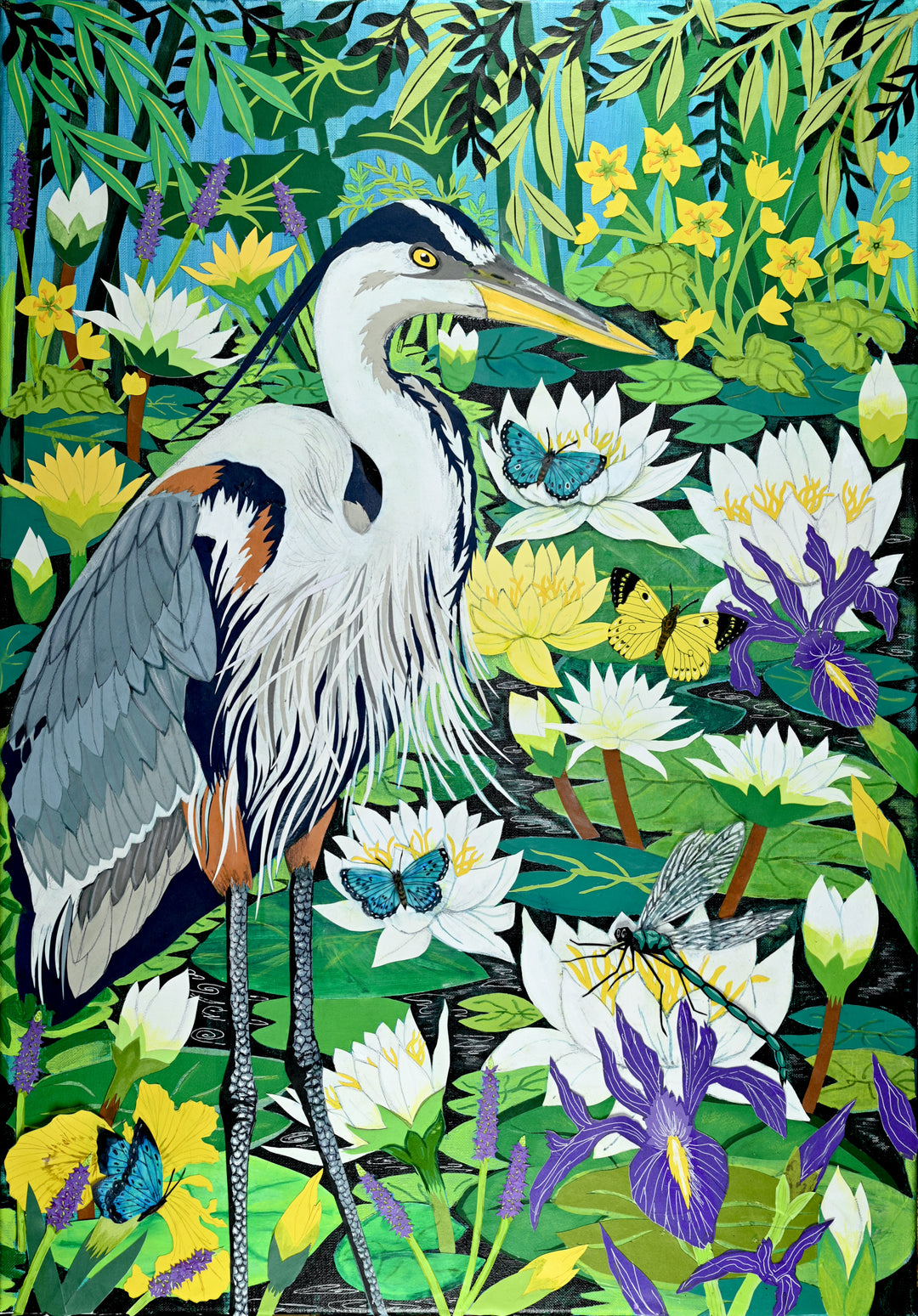 Cut-paper artwork depicting a heron standing among white and yellow waterlilies', irises and dense green foliage, surrounded by butterflies and a dragonfly; richly layered paper textures and vibrant botanical detail create a lush, immersive scene.